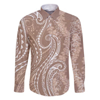 Polynesia Plumeria Lei Family Matching Off The Shoulder Long Sleeve Dress and Hawaiian Shirt Beige Curves Motif