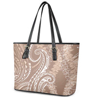 Polynesia Plumeria Lei Leather Tote Bag Beige Curves Motif