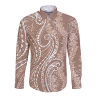 Polynesia Plumeria Lei Long Sleeve Button Shirt Beige Curves Motif LT7 Unisex Beige - Polynesian Pride