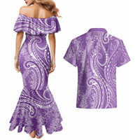 Polynesia Plumeria Lei Couples Matching Mermaid Dress and Hawaiian Shirt Periwinkle Curves Motif