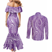 Polynesia Plumeria Lei Couples Matching Mermaid Dress and Long Sleeve Button Shirt Periwinkle Curves Motif LT7 - Polynesian Pride