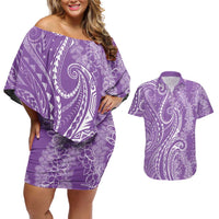Polynesia Plumeria Lei Couples Matching Off Shoulder Short Dress and Hawaiian Shirt Periwinkle Curves Motif LT7 Periwinkle - Polynesian Pride