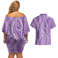 Polynesia Plumeria Lei Couples Matching Off Shoulder Short Dress and Hawaiian Shirt Periwinkle Curves Motif LT7 - Polynesian Pride