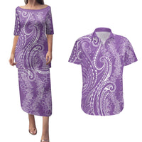 Polynesia Plumeria Lei Couples Matching Puletasi and Hawaiian Shirt Periwinkle Curves Motif LT7 Periwinkle - Polynesian Pride
