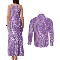 Polynesia Plumeria Lei Couples Matching Tank Maxi Dress and Long Sleeve Button Shirt Periwinkle Curves Motif LT7 - Polynesian Pride