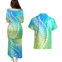 Polynesian Pride Couples Matching Puletasi Dress and Hawaiian Shirt Turtle Hibiscus Luxury Style - Gradient Blue LT7 - Polynesian Pride