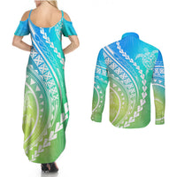 Polynesian Pride Couples Matching Summer Maxi Dress and Long Sleeve Button Shirts Turtle Hibiscus Luxury Style - Gradient Blue LT7 - Polynesian Pride