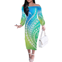 Polynesian Pride Off The Shoulder Long Sleeve Dress Turtle Hibiscus Luxury Style - Gradient Blue LT7 Women Blue Green - Polynesian Pride