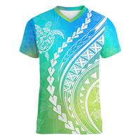 Polynesian Pride Women V Neck T Shirt Turtle Hibiscus Luxury Style - Gradient Blue LT7 Female Blue Green - Polynesian Pride