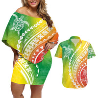 Polynesian Pride Couples Matching Off Shoulder Short Dress and Hawaiian Shirt Turtle Hibiscus Luxury Style - Reggae LT7 Reggae - Polynesian Pride