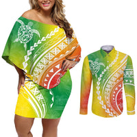Polynesian Pride Couples Matching Off Shoulder Short Dress and Long Sleeve Button Shirts Turtle Hibiscus Luxury Style - Reggae LT7 Reggae - Polynesian Pride