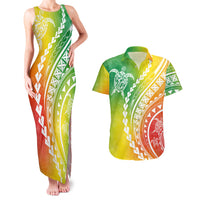 Polynesian Pride Couples Matching Tank Maxi Dress and Hawaiian Shirt Turtle Hibiscus Luxury Style - Reggae LT7 Reggae - Polynesian Pride