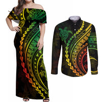 Polynesian Pride Couples Matching Off Shoulder Maxi Dress and Long Sleeve Button Shirts Turtle Hibiscus Luxury Style - Reggae Ver2 LT7 Reggae - Polynesian Pride