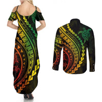 Polynesian Pride Couples Matching Summer Maxi Dress and Long Sleeve Button Shirts Turtle Hibiscus Luxury Style - Reggae Ver2 LT7 - Polynesian Pride