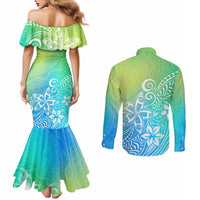 Polynesia Couples Matching Mermaid Dress and Long Sleeve Button Shirts Plumeria Blue Gradient Curves LT7 - Polynesian Pride