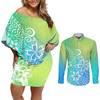 Polynesia Couples Matching Off Shoulder Short Dress and Long Sleeve Button Shirts Plumeria Blue Gradient Curves LT7 Blue Green - Polynesian Pride