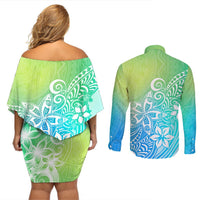 Polynesia Couples Matching Off Shoulder Short Dress and Long Sleeve Button Shirts Plumeria Blue Gradient Curves LT7 - Polynesian Pride