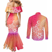 Polynesia Couples Matching Mermaid Dress and Long Sleeve Button Shirts Plumeria Pink Gradient Curves LT7 - Polynesian Pride