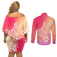 Polynesia Couples Matching Off Shoulder Short Dress and Long Sleeve Button Shirts Plumeria Pink Gradient Curves LT7 - Polynesian Pride