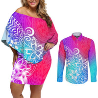 Polynesia Couples Matching Off Shoulder Short Dress and Long Sleeve Button Shirts Plumeria Galaxy Gradient Curves LT7 Galaxy - Polynesian Pride