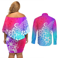Polynesia Couples Matching Off Shoulder Short Dress and Long Sleeve Button Shirts Plumeria Galaxy Gradient Curves LT7 - Polynesian Pride