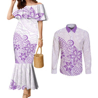 Polynesia Couples Matching Mermaid Dress and Long Sleeve Button Shirts Plumeria Lavender Curves LT7 Purple - Polynesian Pride
