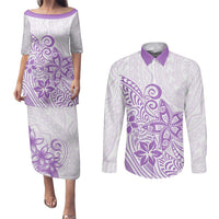 Polynesia Couples Matching Puletasi Dress and Long Sleeve Button Shirts Plumeria Lavender Curves LT7 Purple - Polynesian Pride