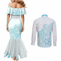 Polynesia Couples Matching Mermaid Dress and Long Sleeve Button Shirts Plumeria Turquoise Curves LT7 - Polynesian Pride