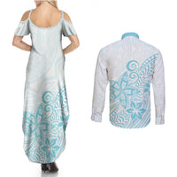 Polynesia Couples Matching Summer Maxi Dress and Long Sleeve Button Shirts Plumeria Turquoise Curves LT7 - Polynesian Pride