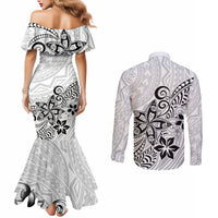 Polynesia Couples Matching Mermaid Dress and Long Sleeve Button Shirts Plumeria White Curves LT7 - Polynesian Pride