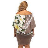 Aloha Hawaii Festive Family Matching Off Shoulder Short Dress and Hawaiian Shirt Frangipani Lace Classic - Beige