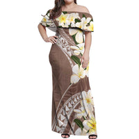 Aloha Hawaii Festive Off Shoulder Maxi Dress Frangipani Lace Classic - Beige