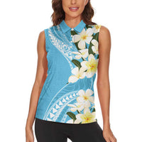Aloha Hawaii Festive Women Sleeveless Polo Shirt Frangipani Lace Classic - Turquoise