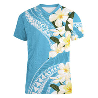 Aloha Hawaii Festive Women V-Neck T-Shirt Frangipani Lace Classic - Turquoise
