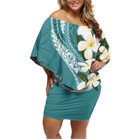 Aloha Hawaii Festive Family Matching Off Shoulder Short Dress and Hawaiian Shirt Frangipani Lace Classic - Teal