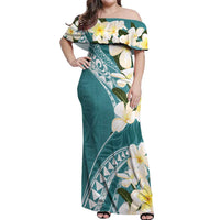 Aloha Hawaii Festive Off Shoulder Maxi Dress Frangipani Lace Classic - Teal