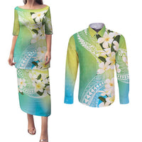 Aloha Hawaii Festive Couples Matching Puletasi and Long Sleeve Button Shirt Frangipani Lace Classic - Summer Vibes LT7 Blue Green - Polynesian Pride