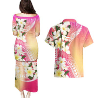 Aloha Hawaii Festive Couples Matching Puletasi and Hawaiian Shirt Frangipani Lace Classic - Spring Vibes LT7 - Polynesian Pride