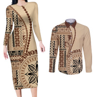 Samoa Siapo Motif Couples Matching Long Sleeve Bodycon Dress and Long Sleeve Button Shirt Classic Style LT7 Beige - Polynesian Pride