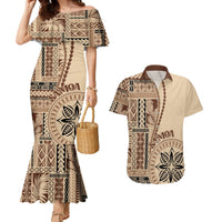 Samoa Siapo Motif Couples Matching Mermaid Dress and Hawaiian Shirt Classic Style LT7 Beige - Polynesian Pride