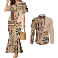 Samoa Siapo Motif Couples Matching Mermaid Dress and Long Sleeve Button Shirt Classic Style LT7 Beige - Polynesian Pride