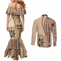 Samoa Siapo Motif Couples Matching Mermaid Dress and Long Sleeve Button Shirt Classic Style LT7 - Polynesian Pride