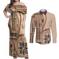 Samoa Siapo Motif Couples Matching Off Shoulder Maxi Dress and Long Sleeve Button Shirt Classic Style LT7 Beige - Polynesian Pride
