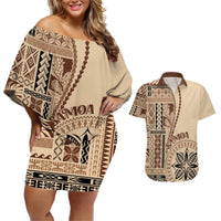Samoa Siapo Motif Couples Matching Off Shoulder Short Dress and Hawaiian Shirt Classic Style LT7 Beige - Polynesian Pride