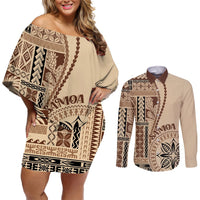 Samoa Siapo Motif Couples Matching Off Shoulder Short Dress and Long Sleeve Button Shirt Classic Style LT7 Beige - Polynesian Pride
