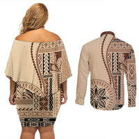 Samoa Siapo Motif Couples Matching Off Shoulder Short Dress and Long Sleeve Button Shirt Classic Style LT7 - Polynesian Pride
