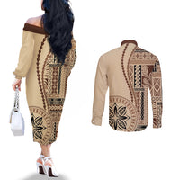 Samoa Siapo Motif Couples Matching Off The Shoulder Long Sleeve Dress and Long Sleeve Button Shirt Classic Style LT7 - Polynesian Pride
