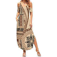 Samoa Siapo Motif Summer Maxi Dress Classic Style LT7 Women Beige - Polynesian Pride