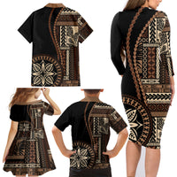 Samoa Siapo Motif Family Matching Long Sleeve Bodycon Dress and Hawaiian Shirt Classic Style - Black Ver LT7 - Polynesian Pride