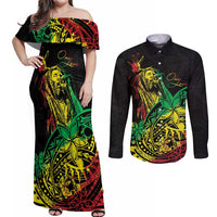 Personalised Reggae Jawaiian Festive Couples Matching Off Shoulder Maxi Dress and Long Sleeve Button Shirt Mix Polynesian LT7 Reggae - Polynesian Pride